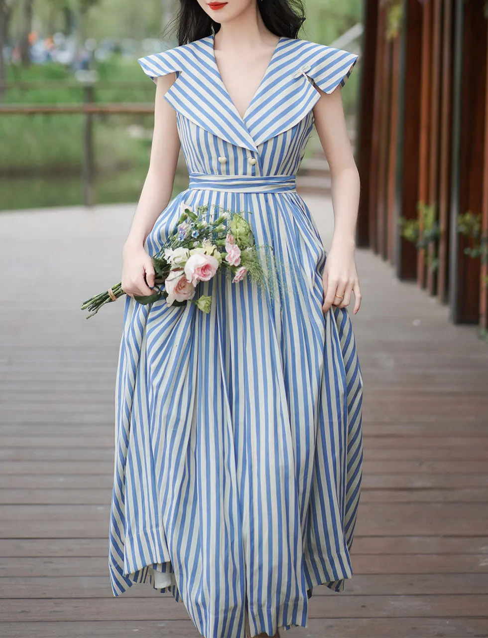 1950S Classic Vintage Summer Blue Strip Sailor Shawl Collar Pleated Swing Dress