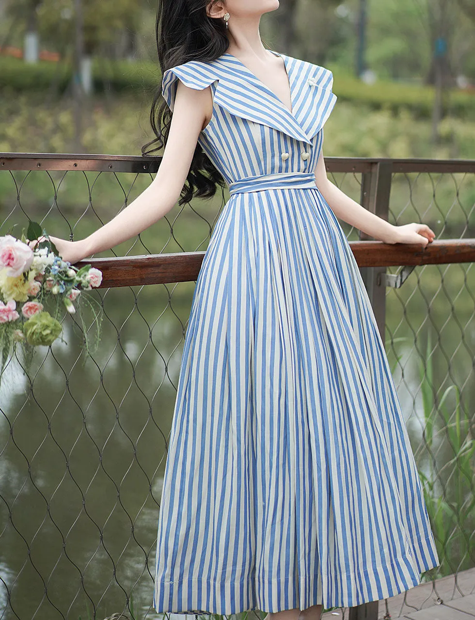 1950S Classic Vintage Summer Blue Strip Sailor Shawl Collar Pleated Swing Dress