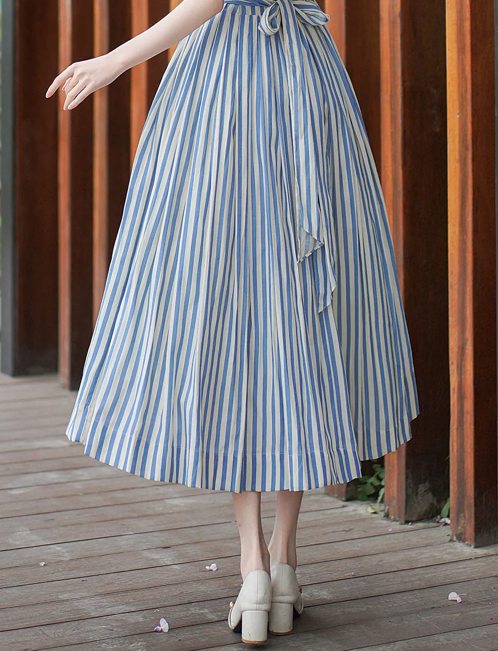 1950S Classic Vintage Summer Blue Strip Sailor Shawl Collar Pleated Swing Dress