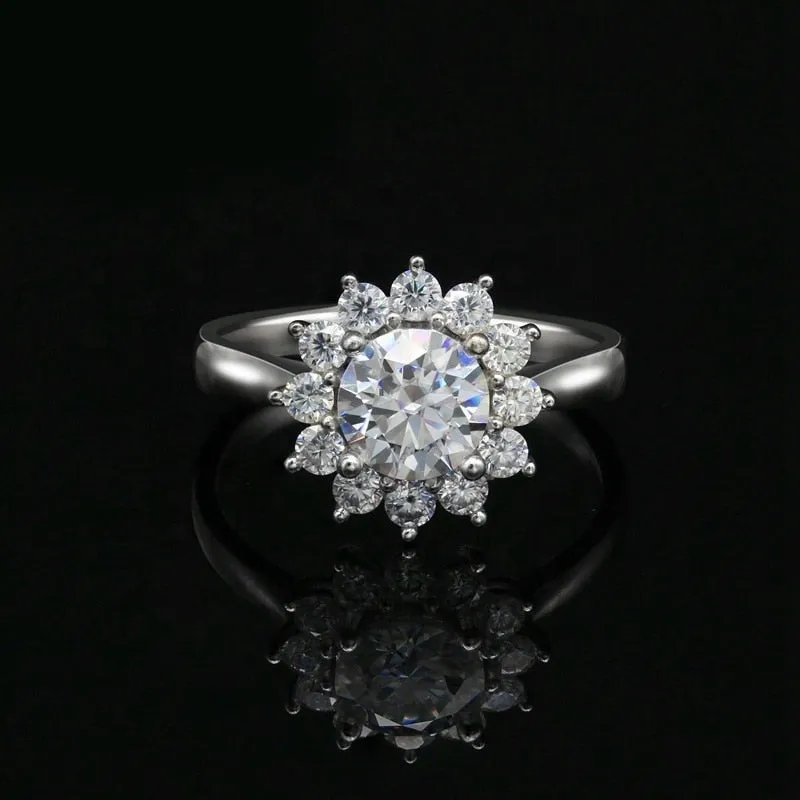 1ct 6.5mm White Moissanite 925 Sterling Silver Sun Flower Ring for Women