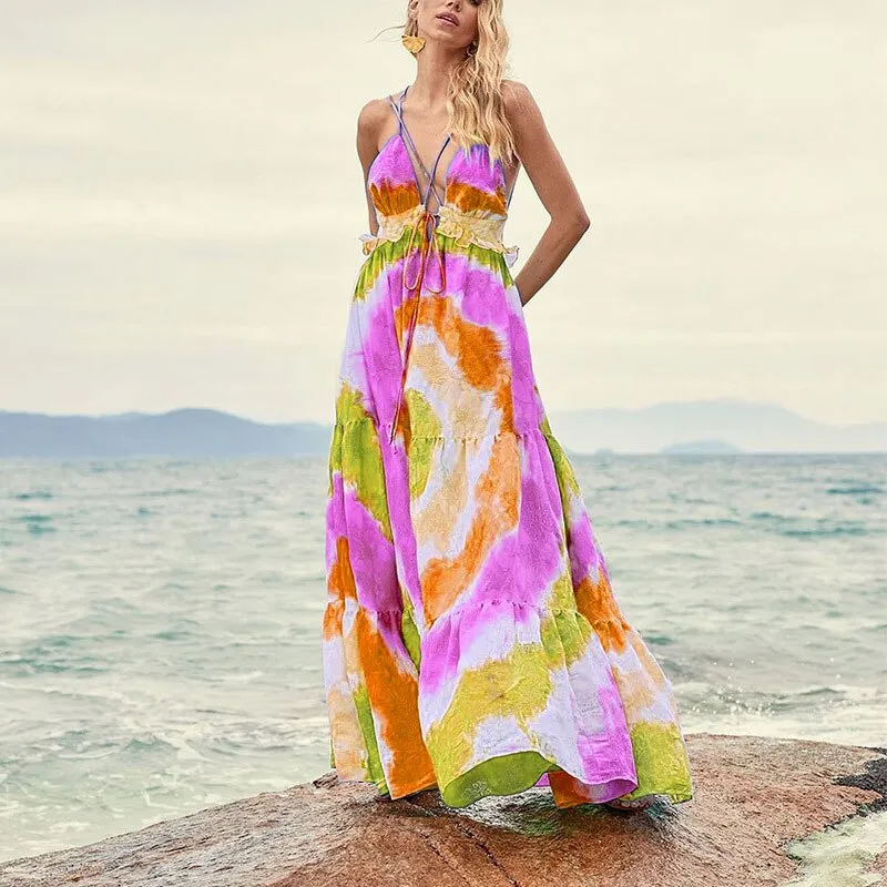 2023 Sexy Spaghetti StrapDress Summer Clothing Women Bohemian Tie Dye Gradient Backless Beach Wear Maxi Dress  Sundress