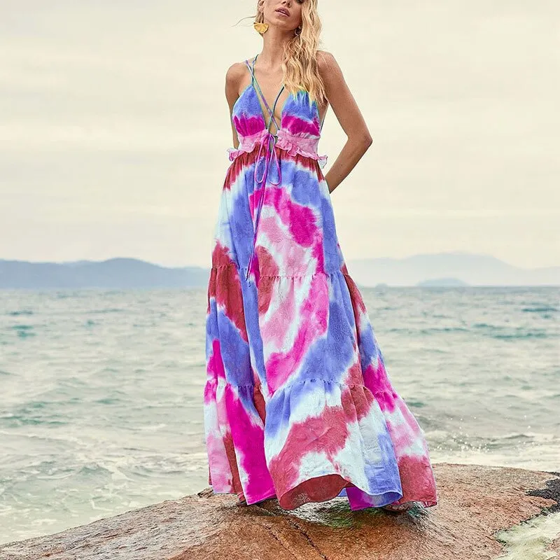 2023 Sexy Spaghetti StrapDress Summer Clothing Women Bohemian Tie Dye Gradient Backless Beach Wear Maxi Dress  Sundress