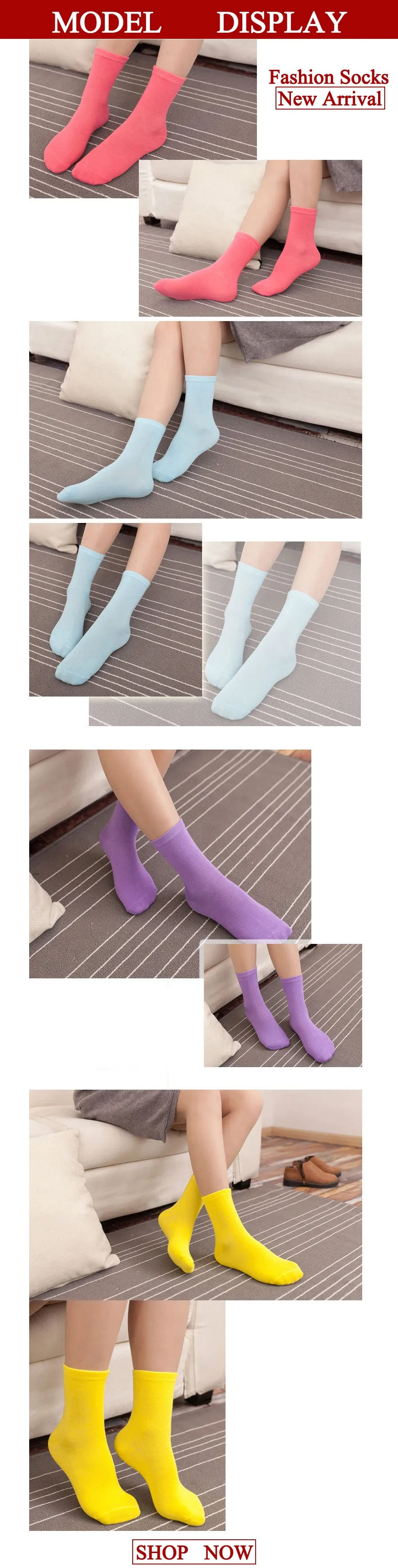 5 Pairs Lot Cotton Candy Solid Color Casual Long Socks for Women