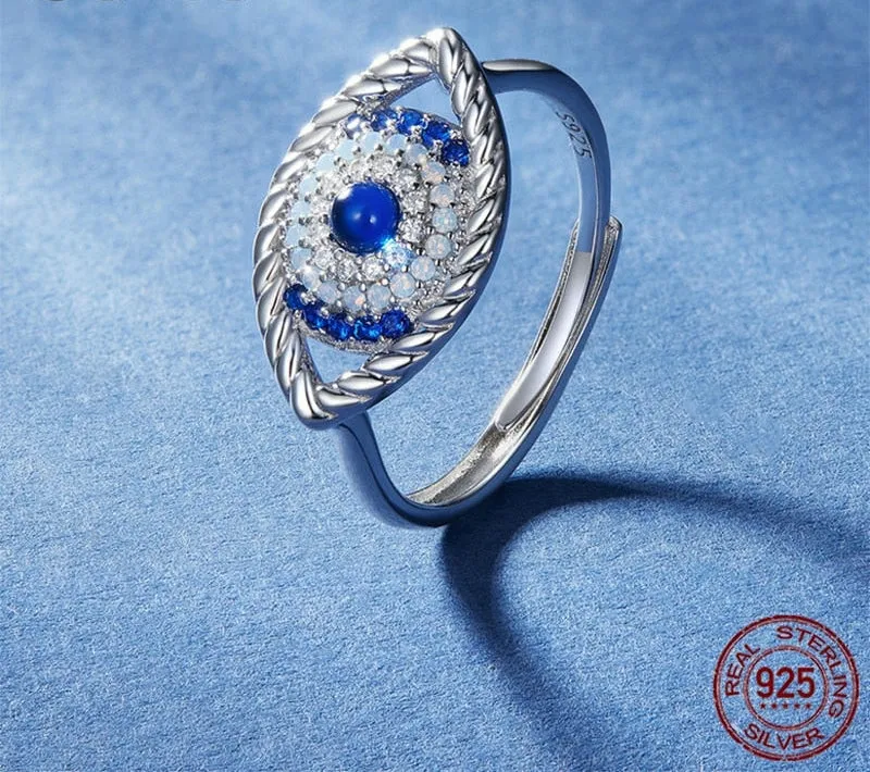 925 Sterling Silver Blue Color Devils Eye Opening Adjustable Ring for Women