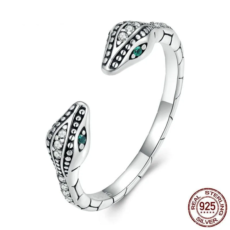 925 Sterling Silver Double Snakeheads Adjustable Open Ring for Women