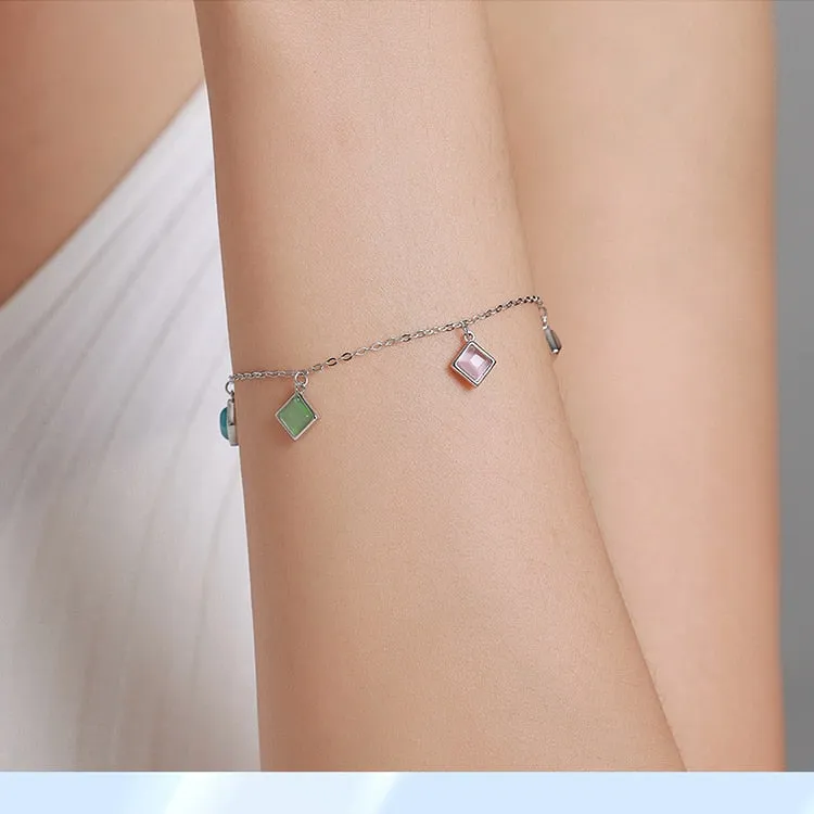 925 Sterling Silver Geometry Zircon Square Opal Stone Bracelet for Women