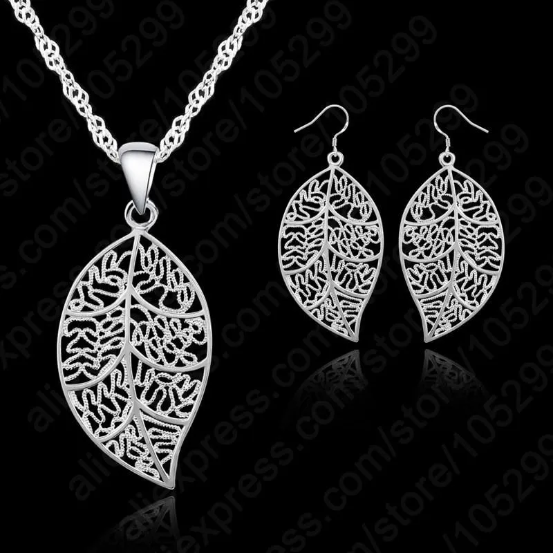 925 Sterling Silver Leaves Earring Hook and Leaf Pendant Jewelry Sets