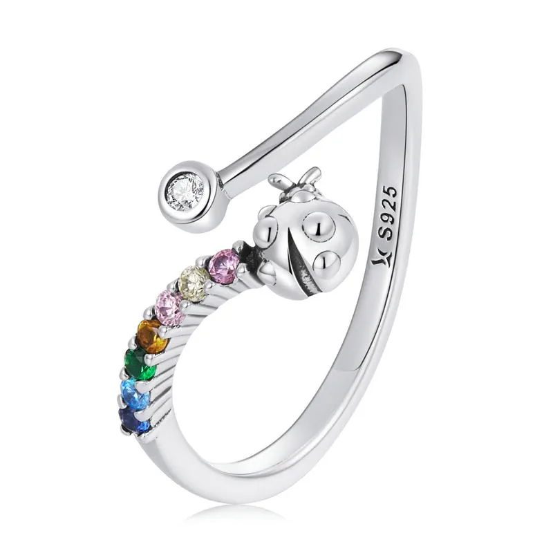 925 Sterling Silver Rainbow Zirconium Ladybug Open-Size Ring for Women