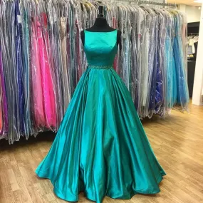 A-line green satin simple long formal prom dresses, PD5457