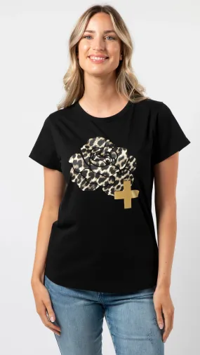 Ace Tee Black with Leopard Rose