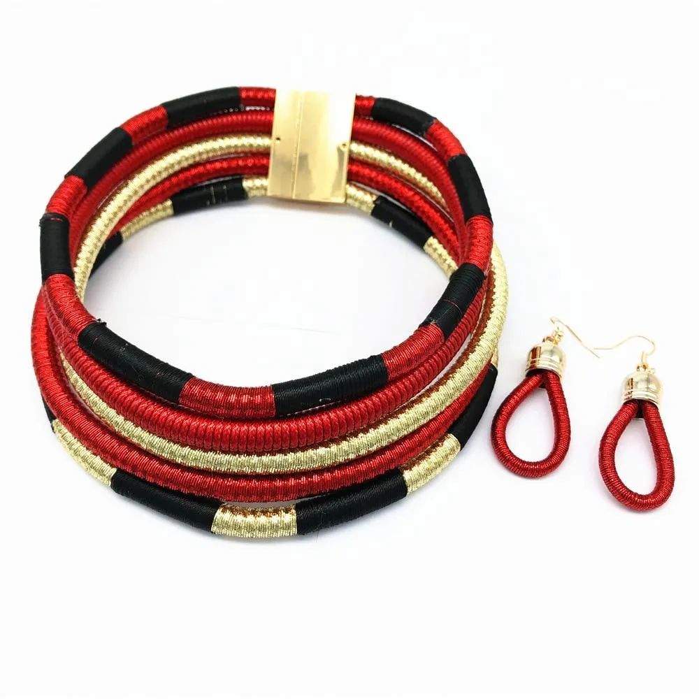 African Beads Multi-layer Woven Choker Necklace Earrings Bridal Jewelry Set