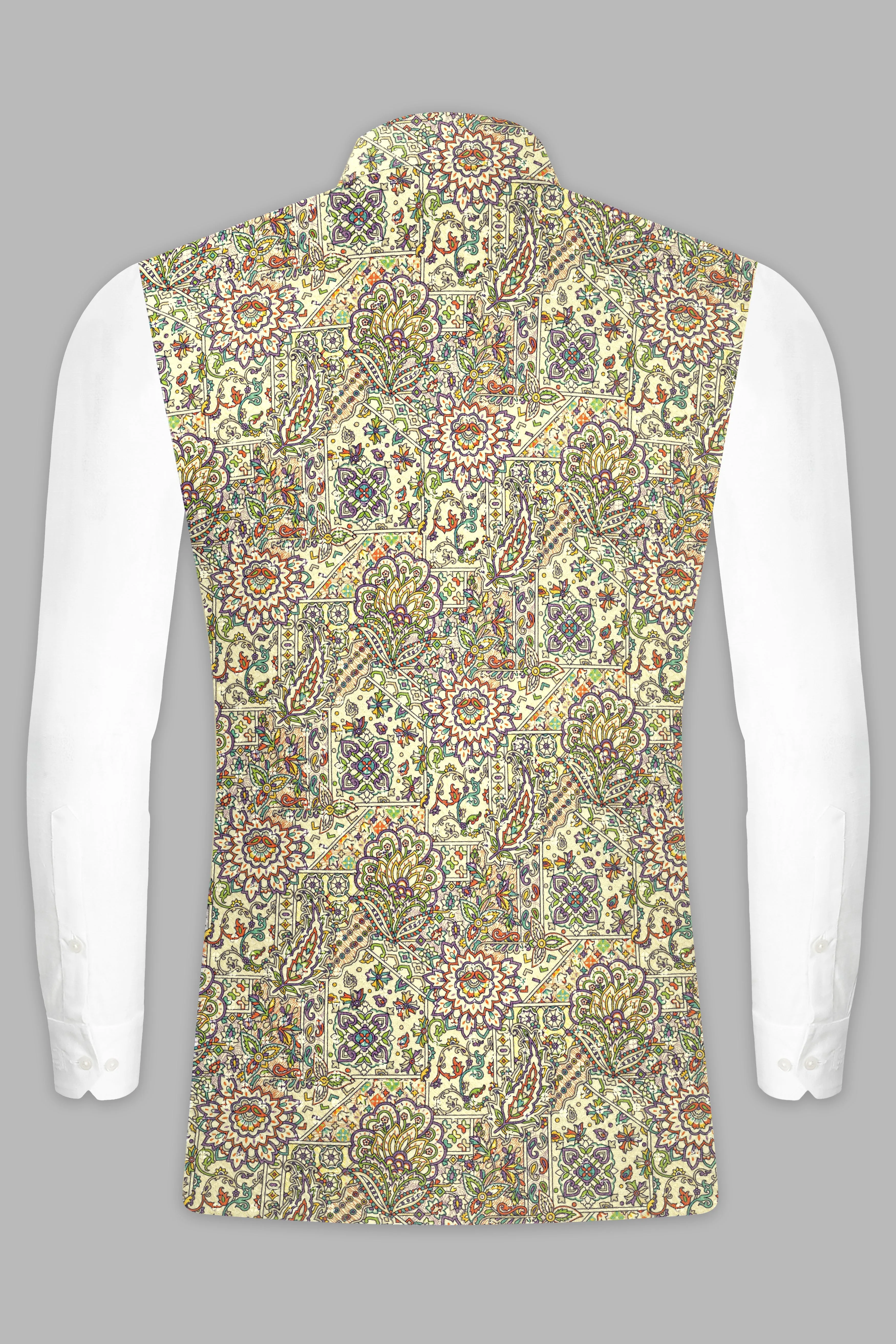 Albescent Cream Kurta Set With Eggshell Cream And Faded Purple MultiColour Embroidered Nehru Jacket