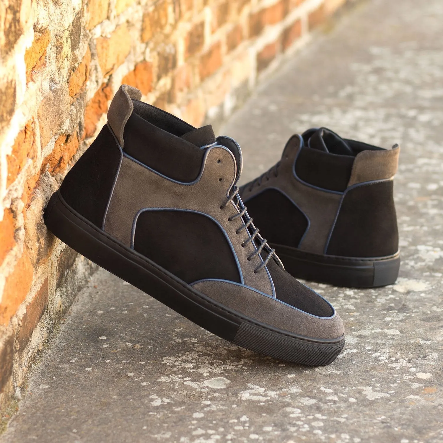 Ambrogio Bespoke Custom Men's Shoes Black & Suede Suede Leather High-Top Sneakers (AMB1959)