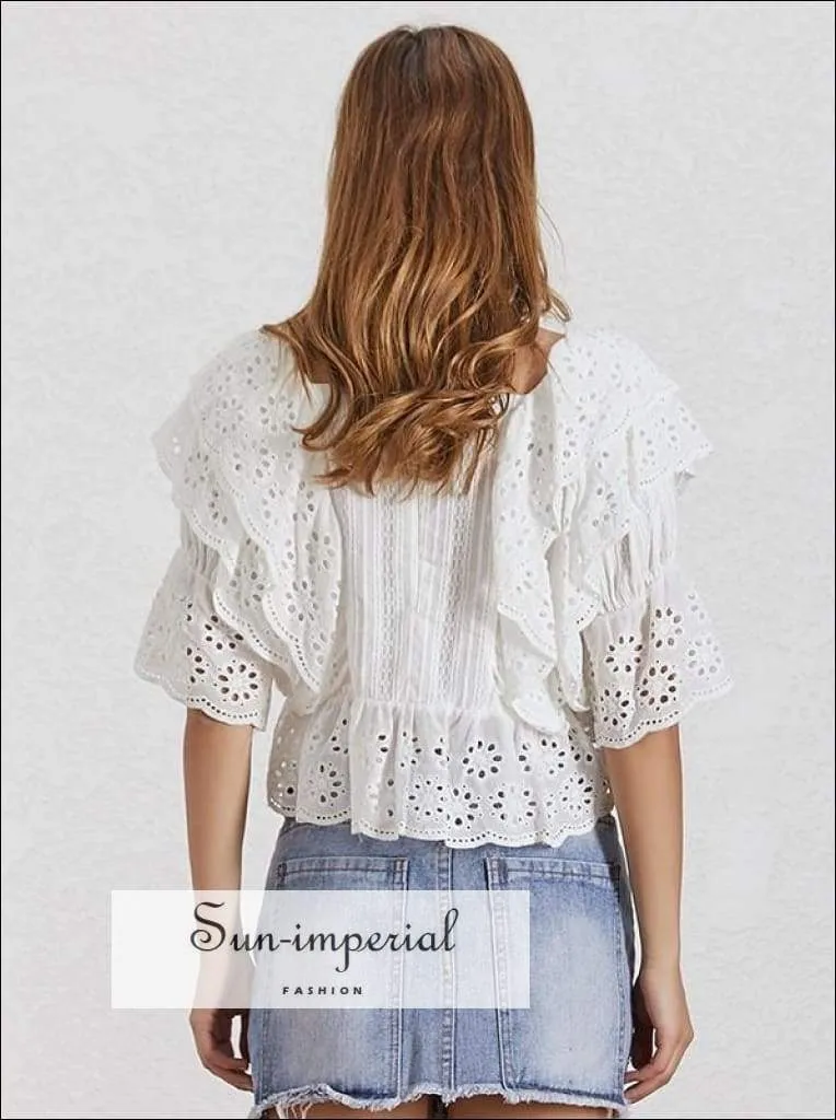 Anne top in White - Lace Lace Blouse for Women Square Collar Ruffles Puff Sleeve Crop top