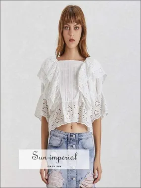 Anne top in White - Lace Lace Blouse for Women Square Collar Ruffles Puff Sleeve Crop top