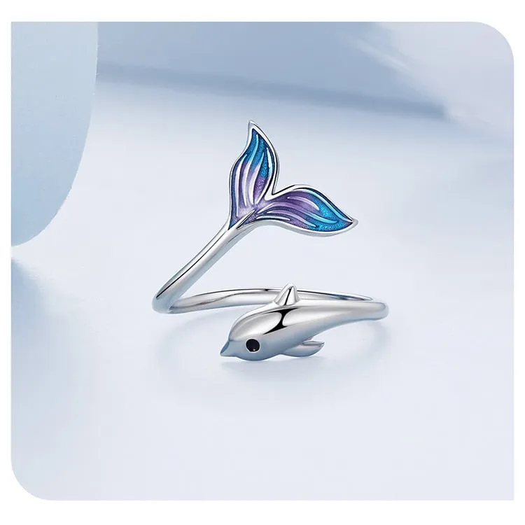 Authentic 925 Sterling Silver Cute Tail Dolphin Cocktail Ring for Women