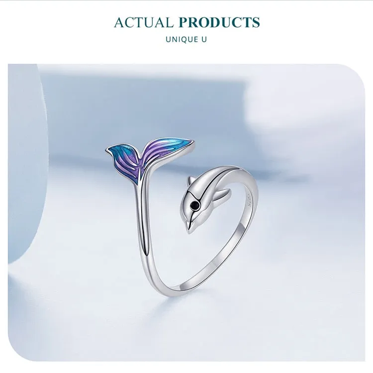 Authentic 925 Sterling Silver Cute Tail Dolphin Cocktail Ring for Women