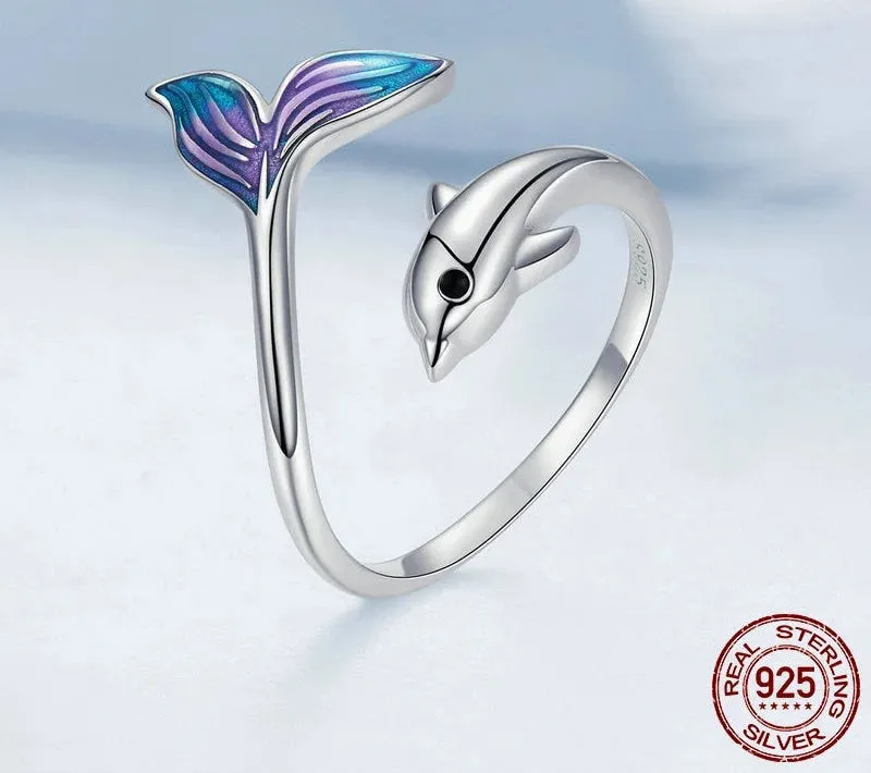 Authentic 925 Sterling Silver Cute Tail Dolphin Cocktail Ring for Women