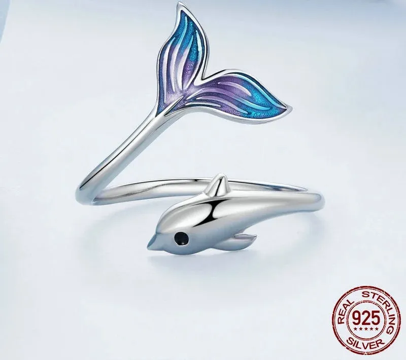 Authentic 925 Sterling Silver Cute Tail Dolphin Cocktail Ring for Women