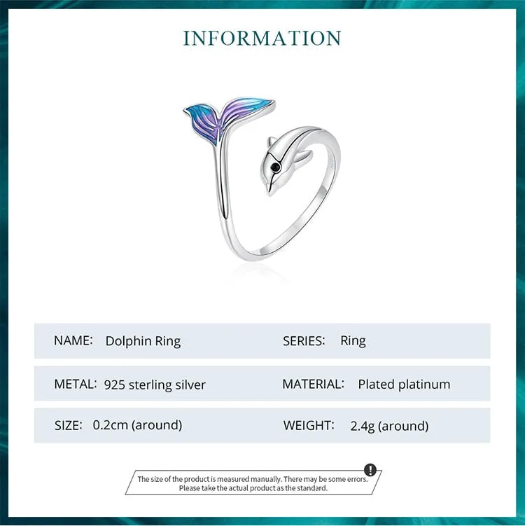 Authentic 925 Sterling Silver Cute Tail Dolphin Cocktail Ring for Women