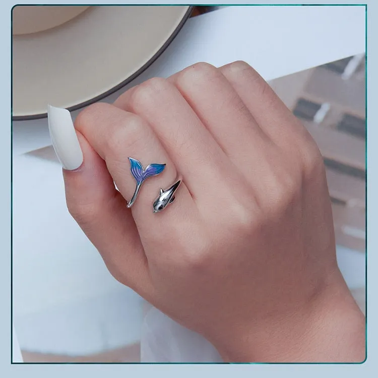 Authentic 925 Sterling Silver Cute Tail Dolphin Cocktail Ring for Women