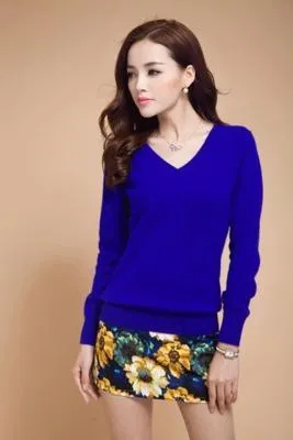 Autumn Spring V-Neck Women's Sweater Sexy Knitted Candy Color Pullover