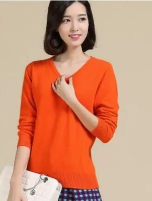 Autumn Spring V-Neck Women's Sweater Sexy Knitted Candy Color Pullover