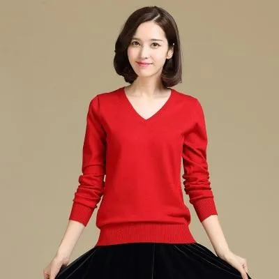 Autumn Spring V-Neck Women's Sweater Sexy Knitted Candy Color Pullover