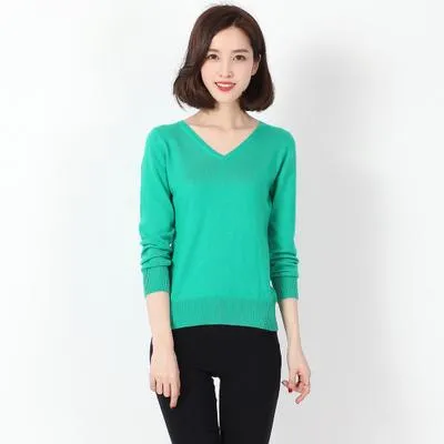 Autumn Spring V-Neck Women's Sweater Sexy Knitted Candy Color Pullover