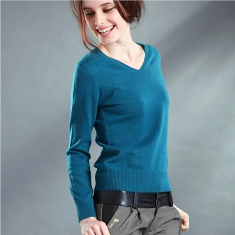 Autumn Spring V-Neck Women's Sweater Sexy Knitted Candy Color Pullover