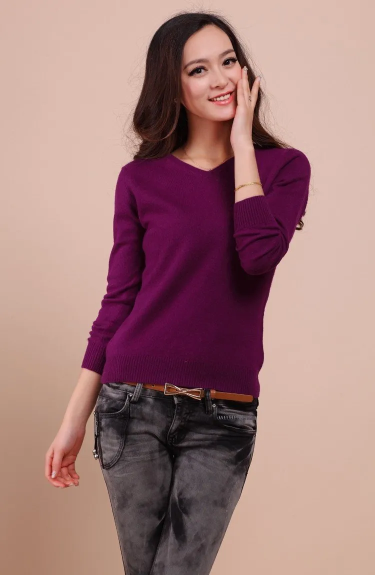 Autumn Spring V-Neck Women's Sweater Sexy Knitted Candy Color Pullover