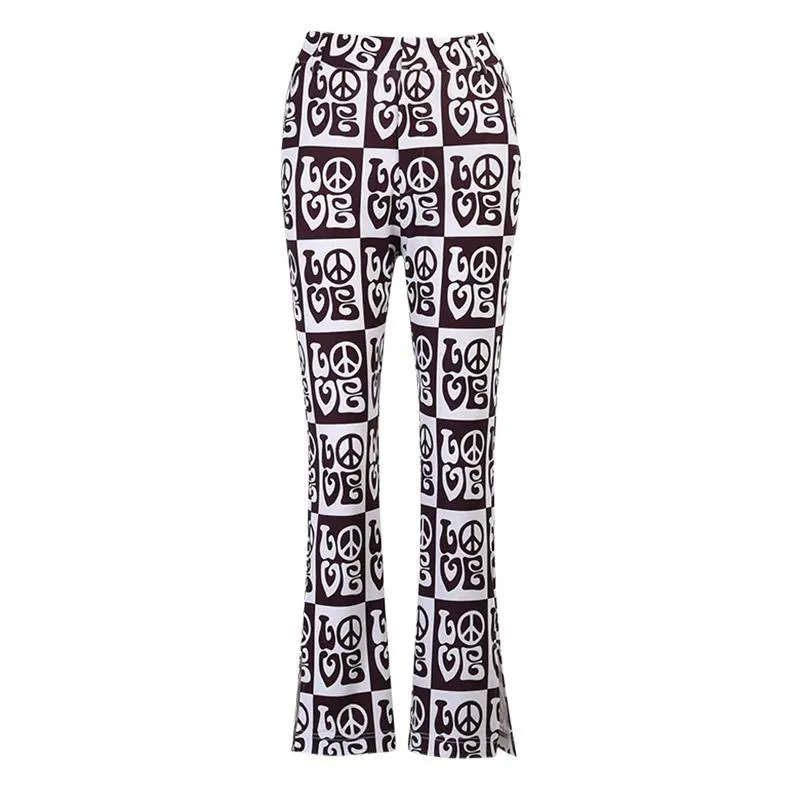 Autumn Women's Letter Printed Side Split High Waist Flare Pants Trousers