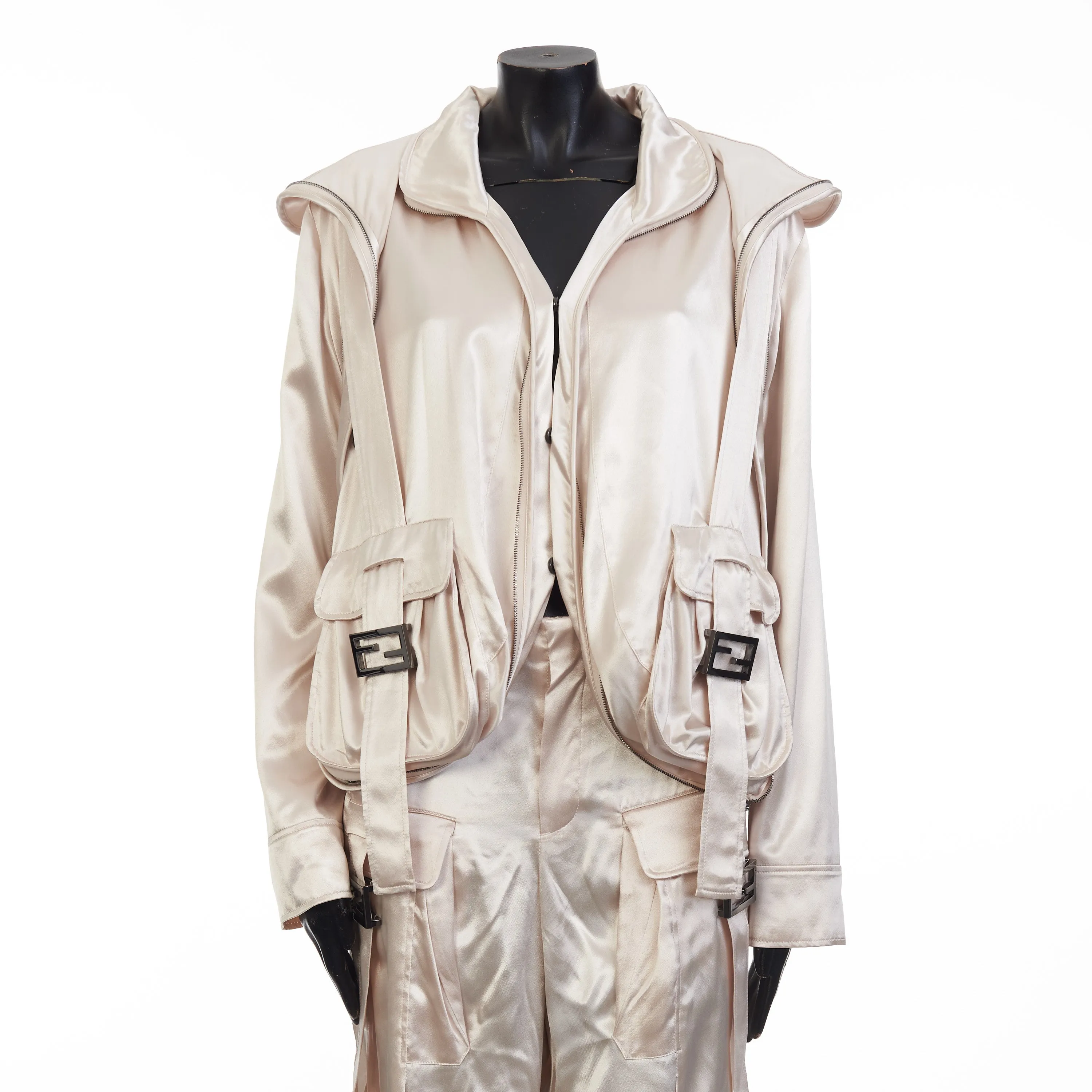 Beige Satin Blouson Jacket - Snap Closure, Metal FF Buckle, Baguette Pocket