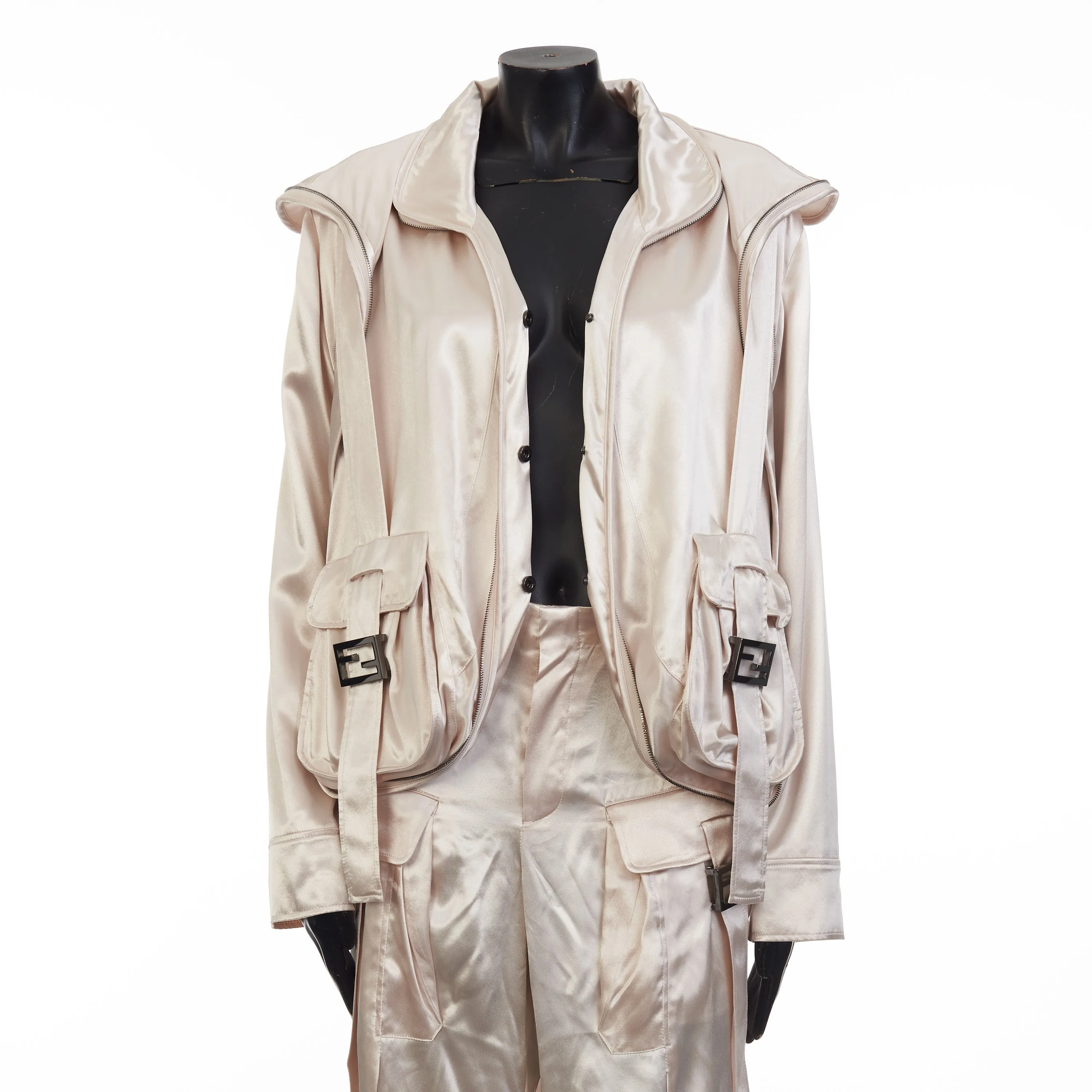 Beige Satin Blouson Jacket - Snap Closure, Metal FF Buckle, Baguette Pocket