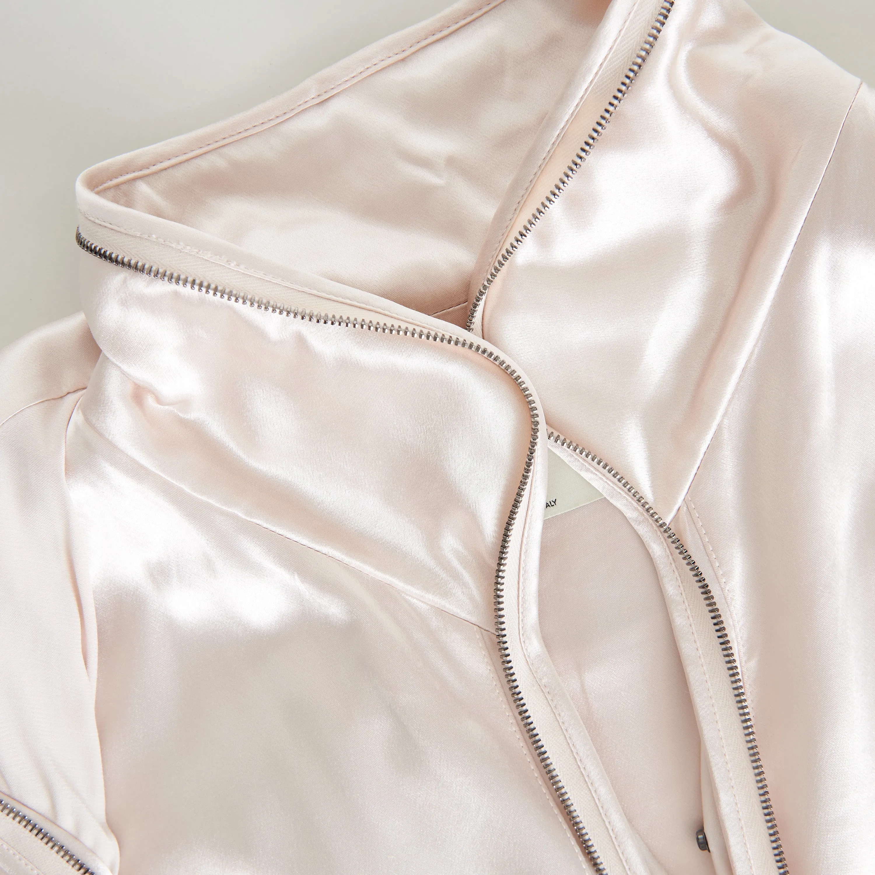 Beige Satin Blouson Jacket - Snap Closure, Metal FF Buckle, Baguette Pocket