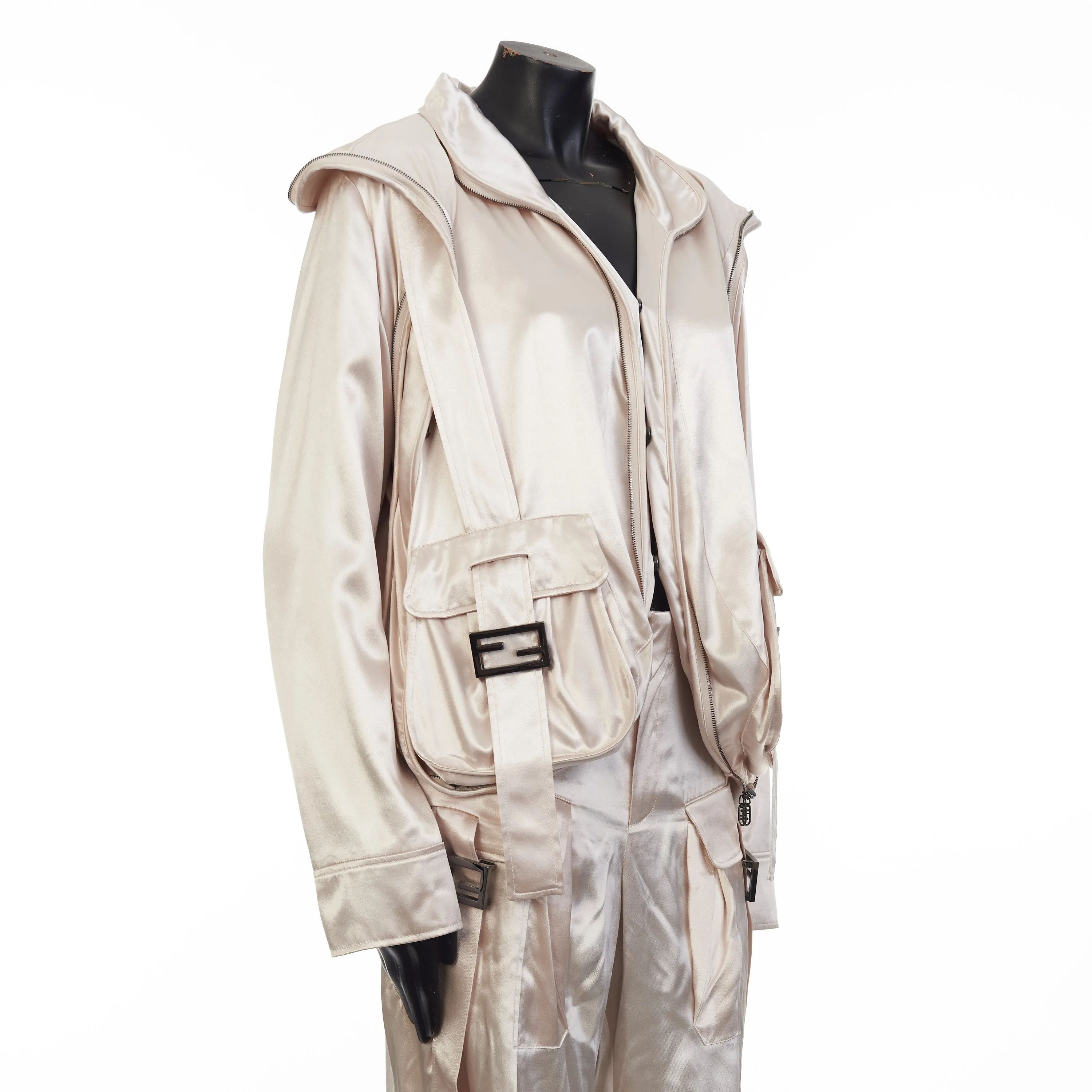 Beige Satin Blouson Jacket - Snap Closure, Metal FF Buckle, Baguette Pocket