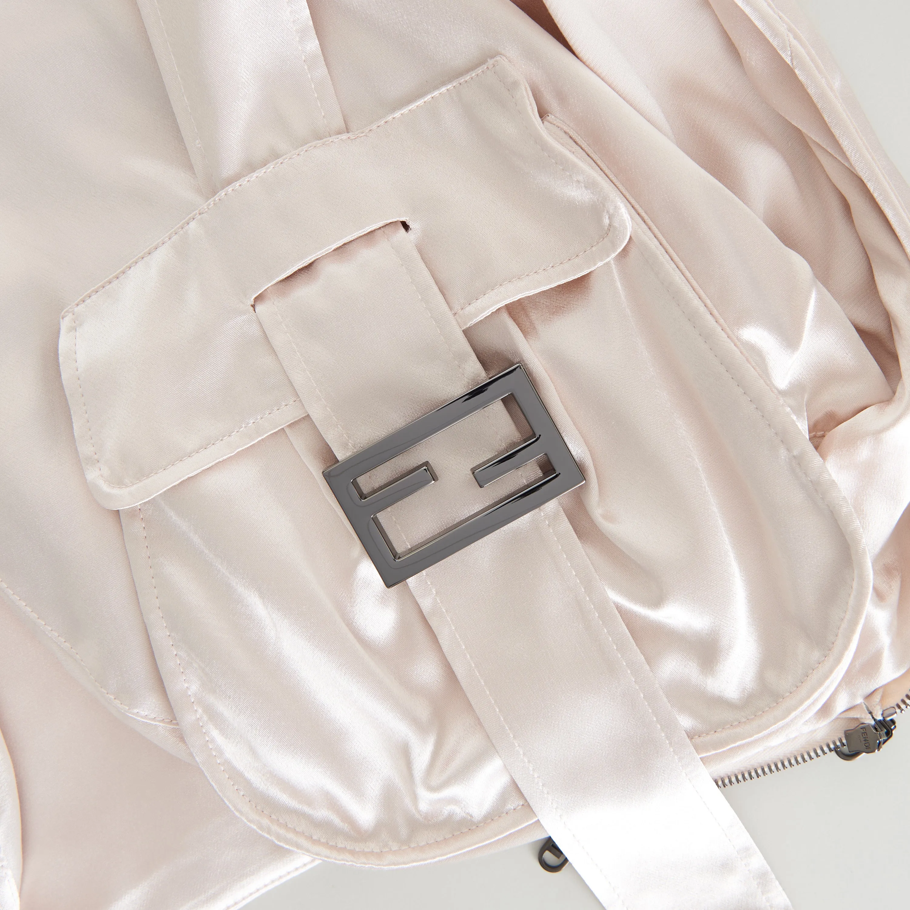 Beige Satin Blouson Jacket - Snap Closure, Metal FF Buckle, Baguette Pocket