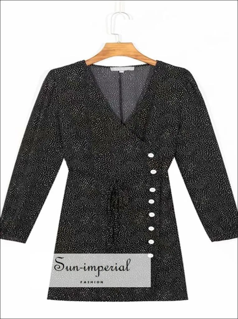 Black Dot Print Vintage Wrap Long Sleeve Buttoned Dress