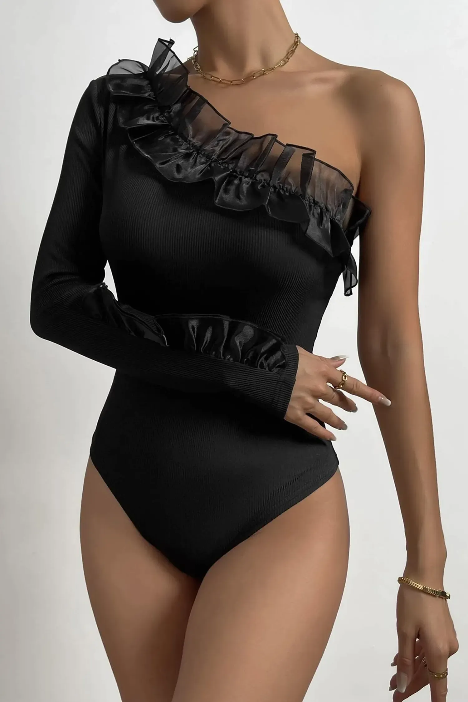 Black One Shoulder Long Sleeve Ruffle Frill Bodysuit