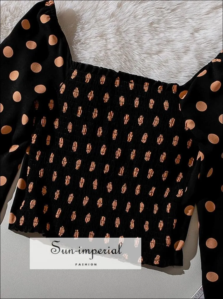 Black Vintage Long Sleeve Bodycon Orange Dot Women top Square Collar Crop top