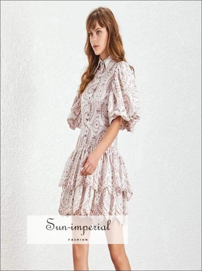 Brianna Dress - Casual Print Dress Women Lapel Puff Sleeve High Waist Lace Pleated Hem Dress