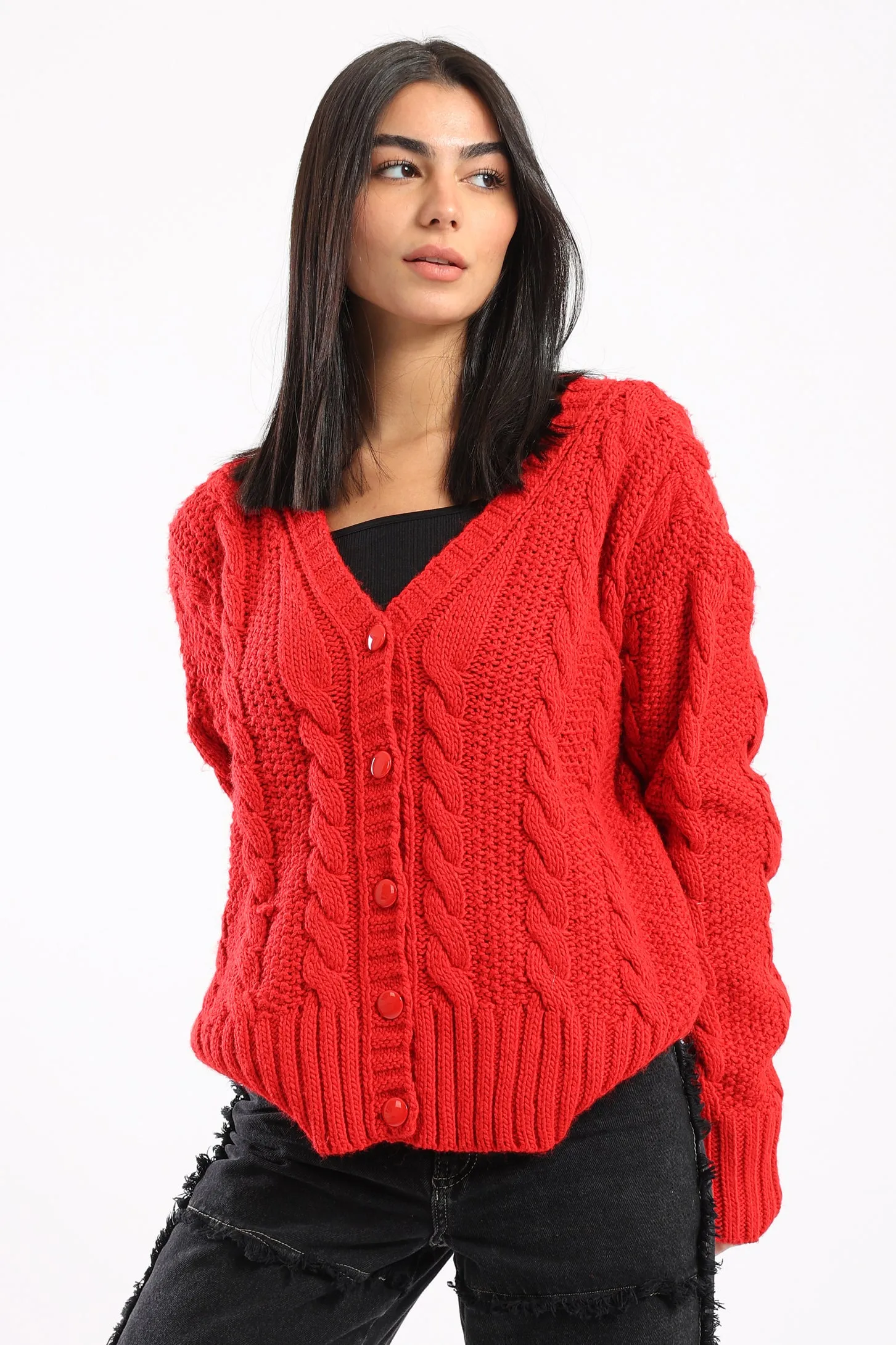 BUTTON UP KNIT CARDIGAN - RED