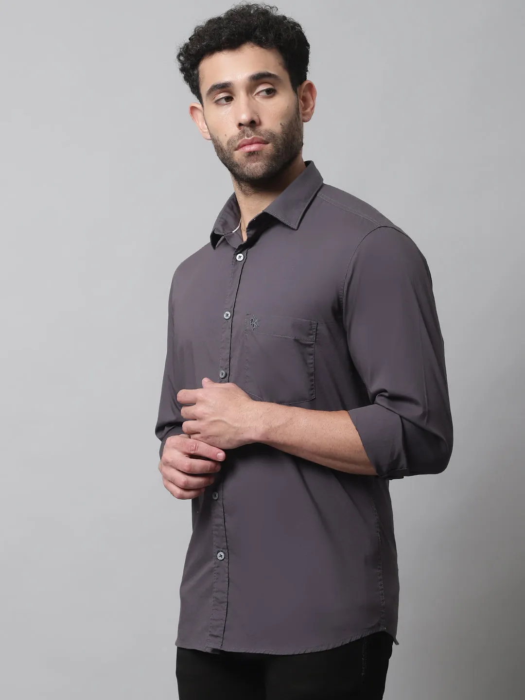 Cantabil Cotton Blend Grey Solid Full Sleeve Casual Shirt for Men with Pocket