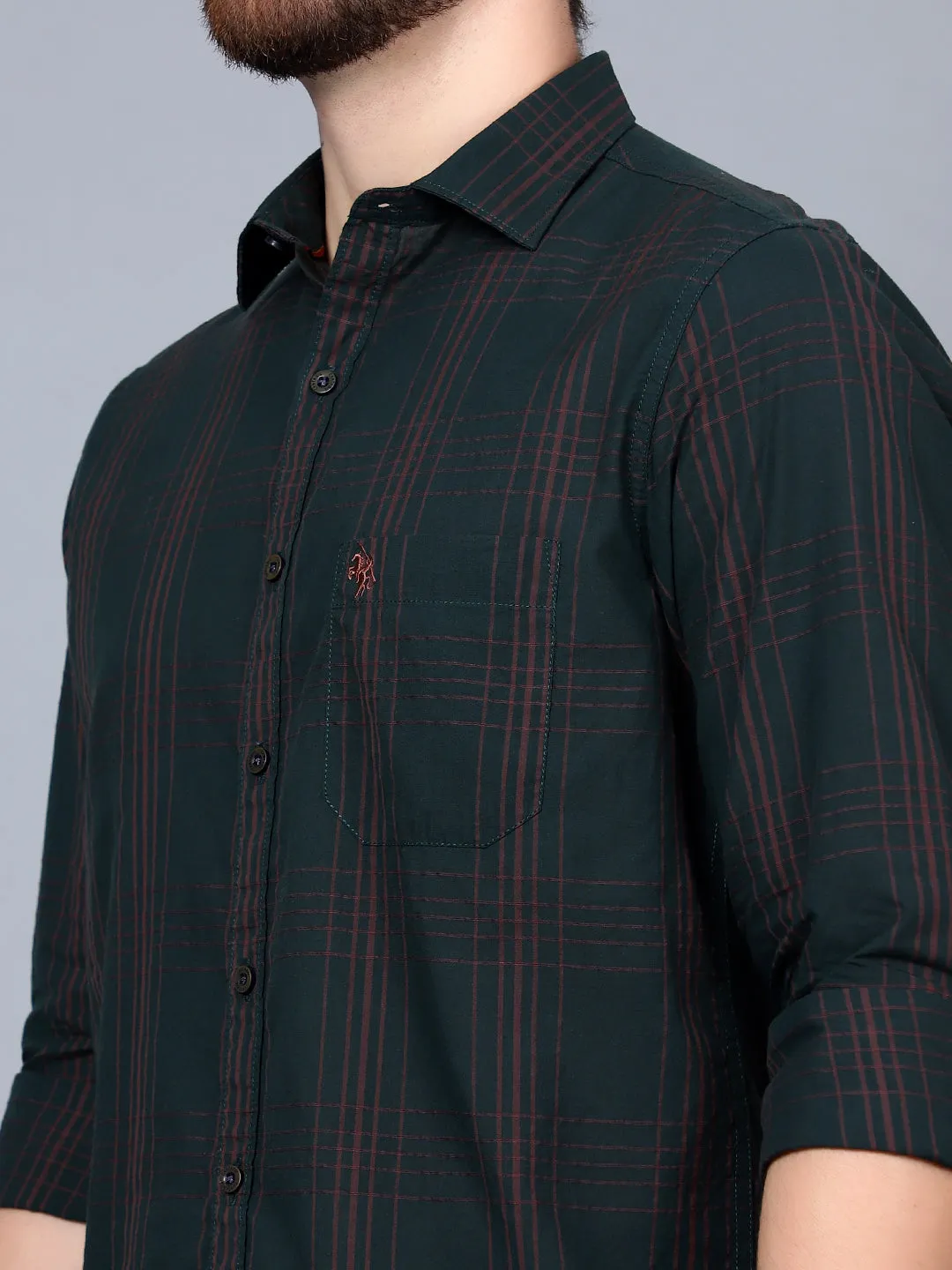 Cantabil Cotton Checkered Green Full Sleeve Casual Shirt for Men with Pocket