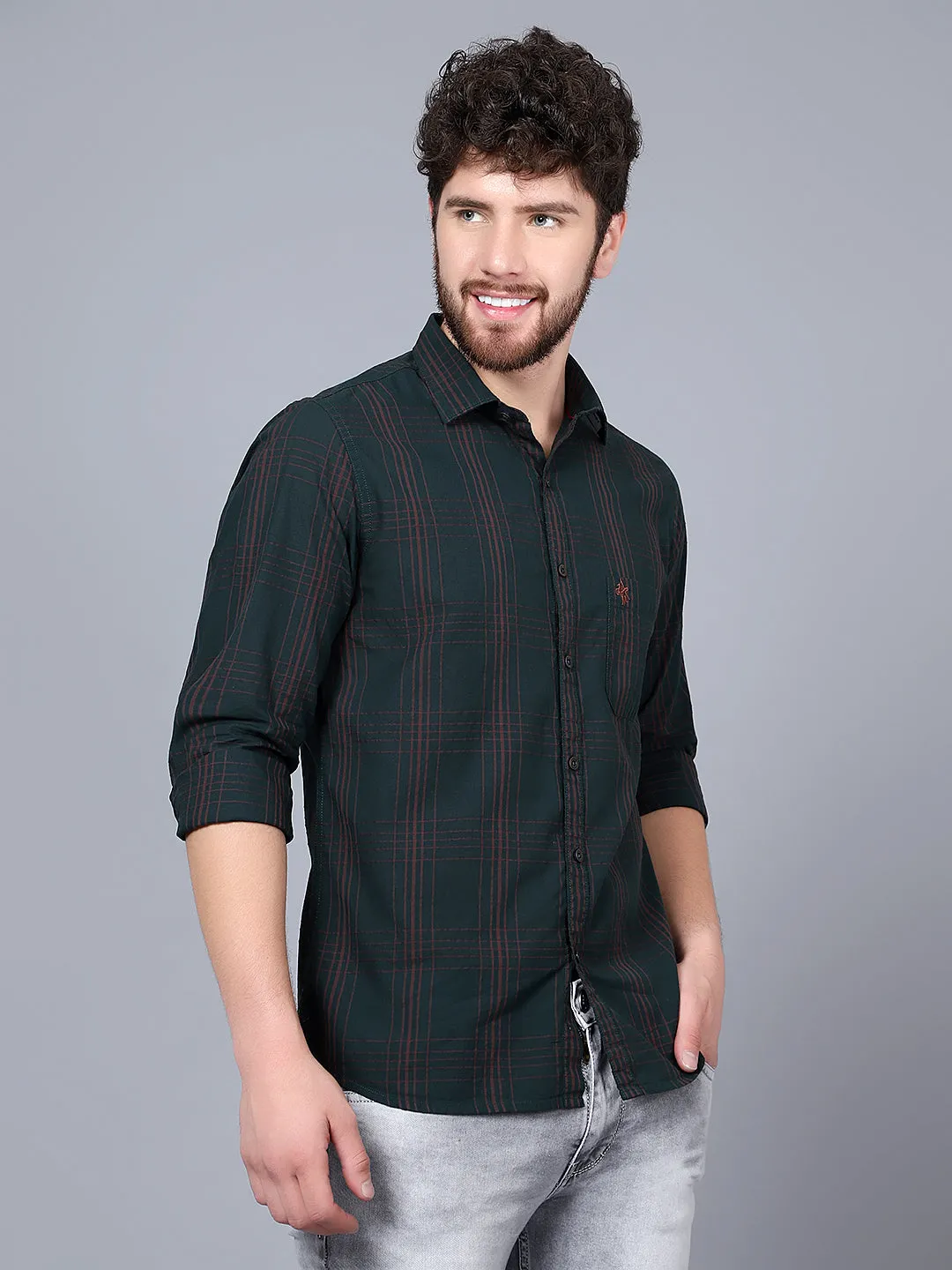 Cantabil Cotton Checkered Green Full Sleeve Casual Shirt for Men with Pocket