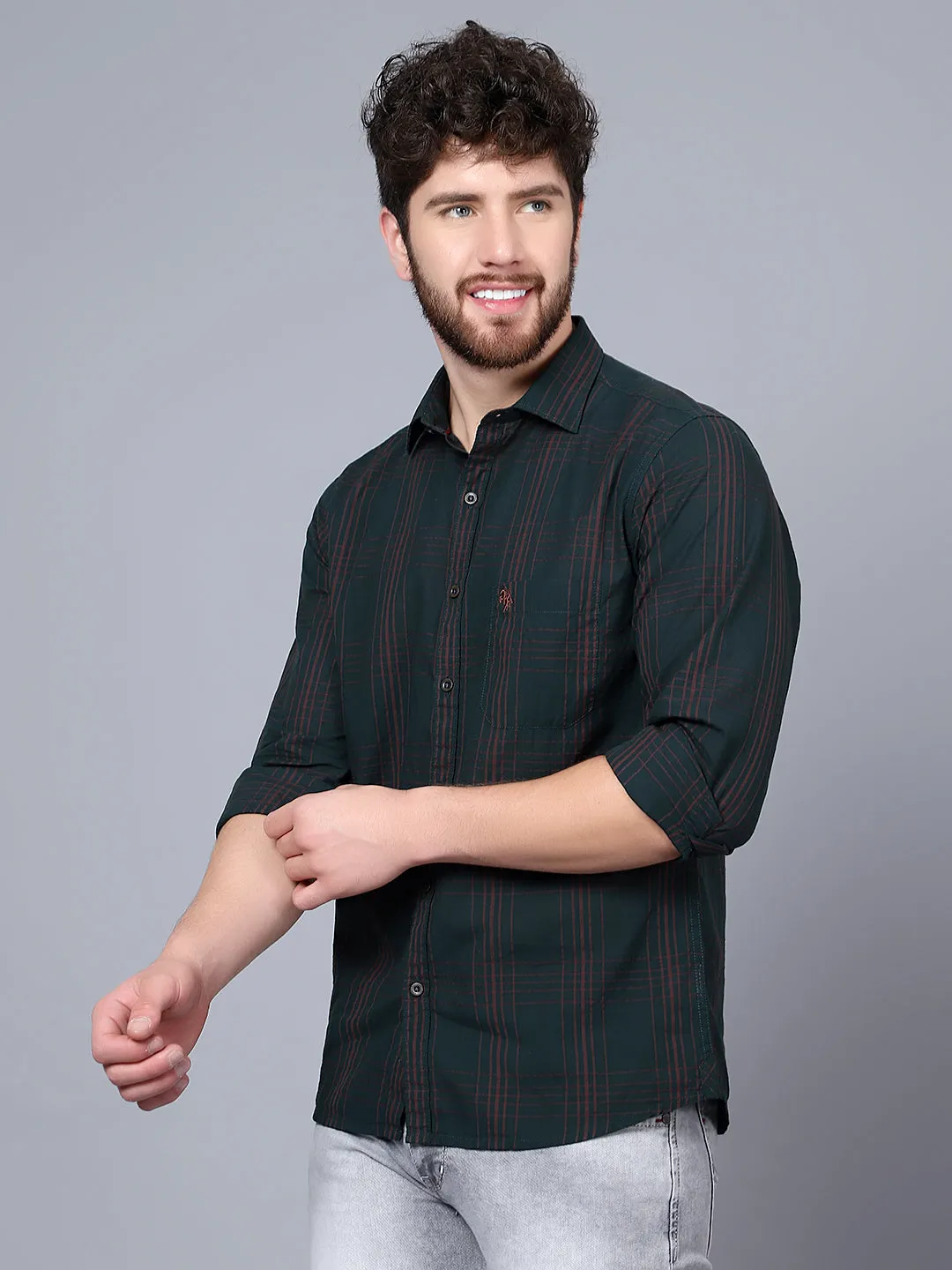 Cantabil Cotton Checkered Green Full Sleeve Casual Shirt for Men with Pocket