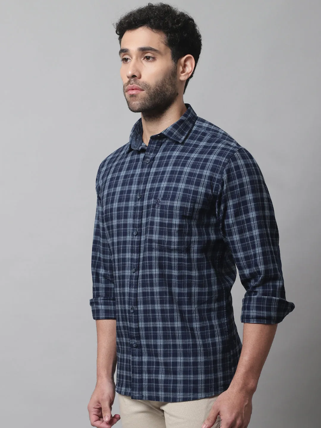 Cantabil Cotton Checkered Navy Blue Full Sleeve Casual Shirt for Men with Pocket