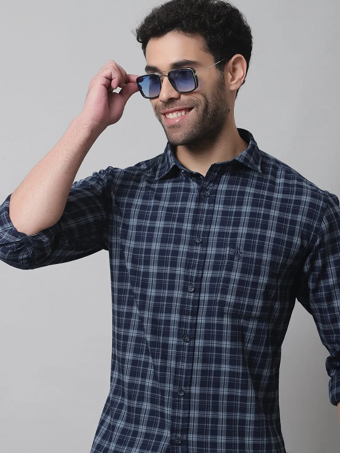 Cantabil Cotton Checkered Navy Blue Full Sleeve Casual Shirt for Men with Pocket