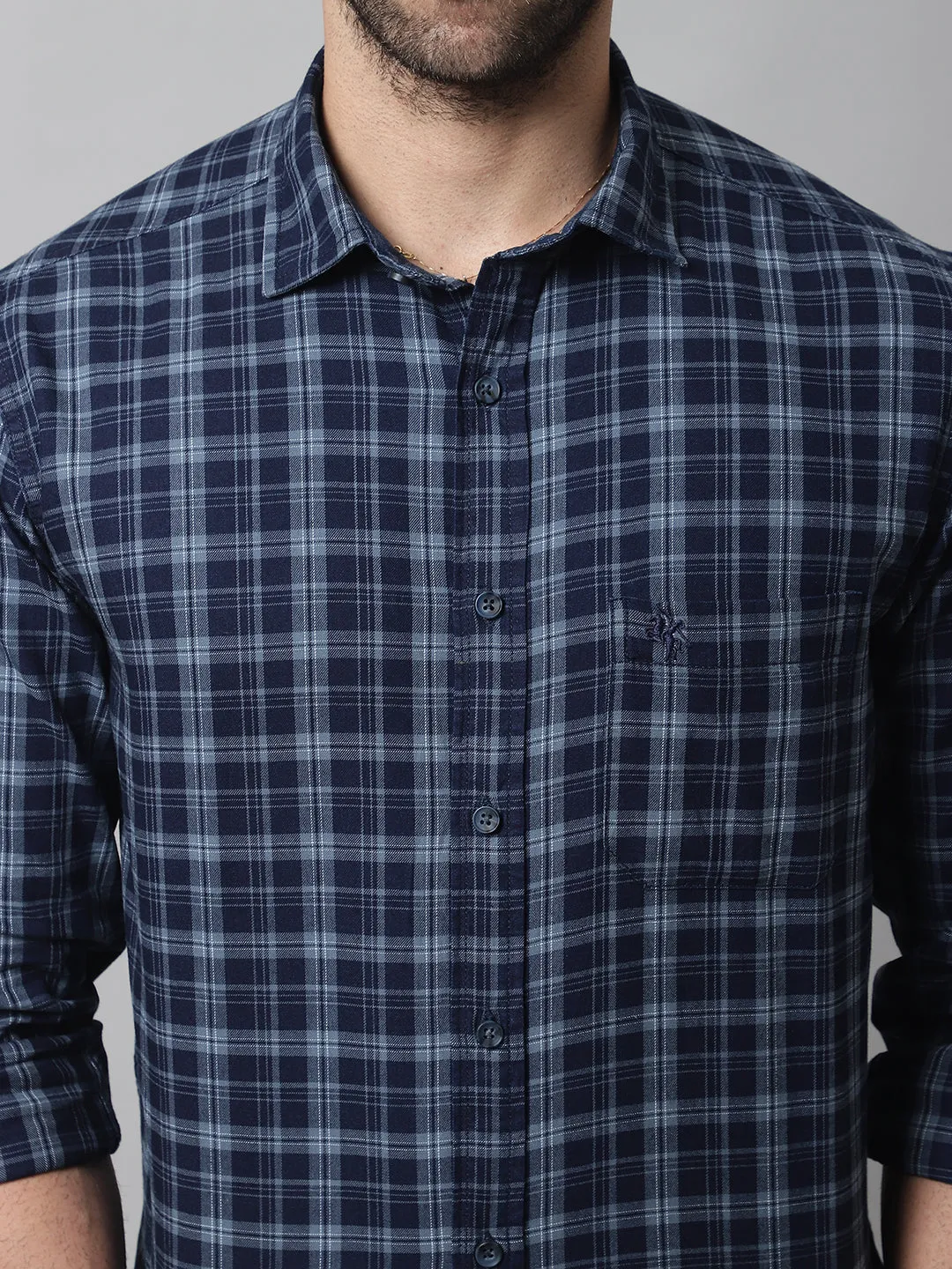 Cantabil Cotton Checkered Navy Blue Full Sleeve Casual Shirt for Men with Pocket