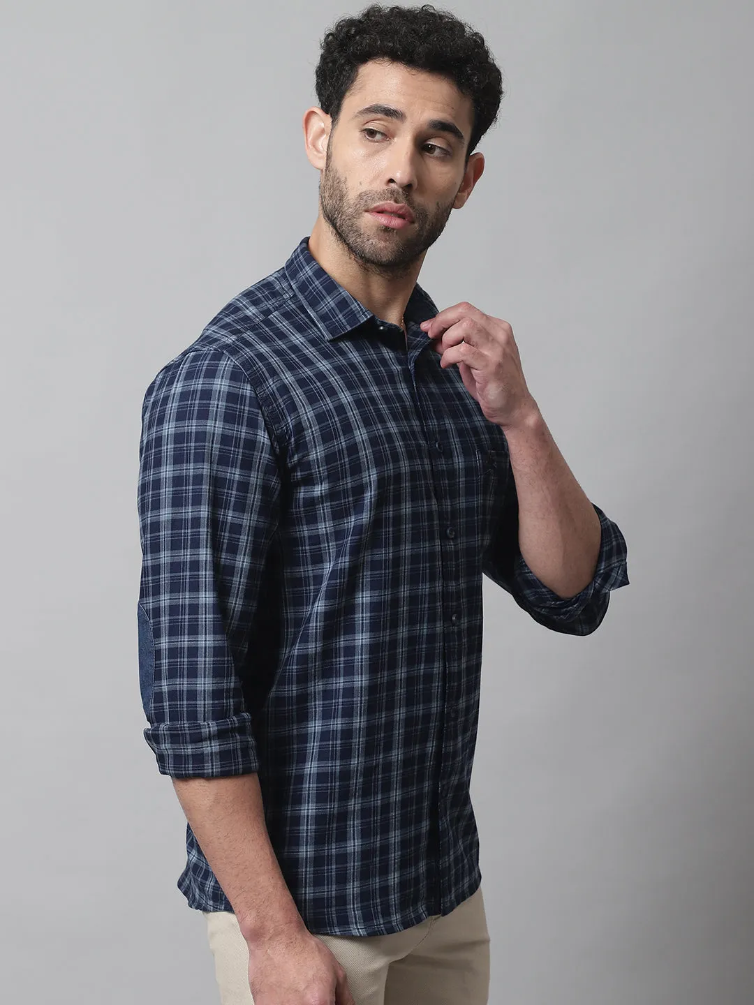 Cantabil Cotton Checkered Navy Blue Full Sleeve Casual Shirt for Men with Pocket